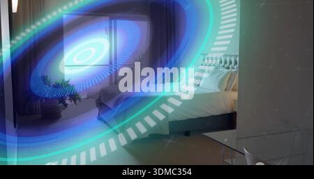 Lit touffeté avec literie blanche et oreillers dans la chambre, avec revêtement holographique Banque D'Images