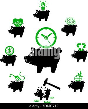 Préserver, sauver, concept de vecteur de conservation avec l'icône définie en deux couleurs telles que Piggy Bank, argent, temps peut être utilisé pour Flyer, affiche, site Web Illustration de Vecteur