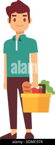 Un homme tient un panier plein de légumes et de fruits Illustration de Vecteur
