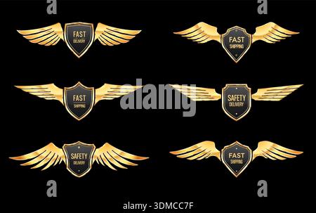 Bouclier de récompense avec ailes dorées, livraison rapide et étiquettes ou badges d'expédition de sécurité. Emblèmes de prix de luxe vectoriel. Étiquettes métalliques brillantes haut de gamme pour le commerce électronique, la logistique, le transport et le service de messagerie Illustration de Vecteur