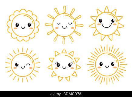 Soleil avec clipart de contour de faces défini. Jaune Sun faces icône clip art avec le vecteur de collection de contour de dessin de soleil mignon et heureux de sourire personnage Illustration de Vecteur