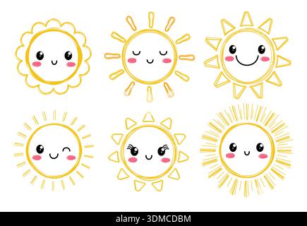 Soleil avec cliparts de contour de faces défini. Soleil avec des visages dans le sourire mignon et heureux dessiné à la main contour doodle Soleil personnages clip art vecteur de collection Illustration de Vecteur