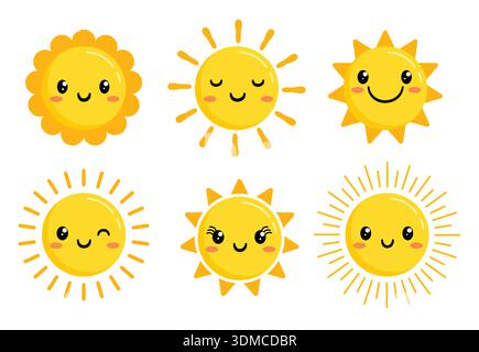 Soleil avec clipart de faces défini. Soleil avec visages clip art dans le sourire mignon et heureux pour le vecteur de collection d'icône jaune et orange de personnages de dessin animé de soleil d'été Illustration de Vecteur