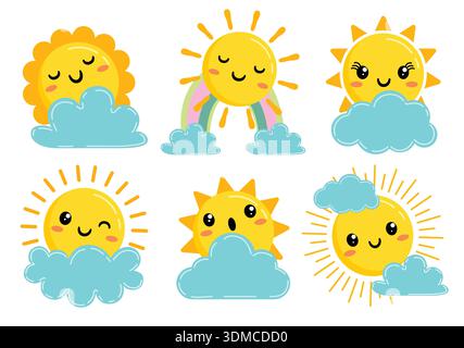 Soleil avec visages et cliparts nuages définis. Soleil avec des visages derrière le nuage clip art jaune Soleil caractères logotype dessin éléments vecteur de collection Illustration de Vecteur
