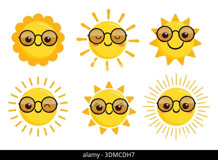 Soleil avec clipart de faces défini. Soleil avec des visages portant des lunettes de soleil clip art dans la collection mignonne, cool et joyeuse d'éléments de dessin de personnages de soleil jaune Illustration de Vecteur