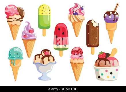 Crème glacée et popsicle ensemble de cliparts colorés. Crème glacée et popsicle en cône de gaufre et tasse avec différentes saveurs et garnitures clip art pour l'été Illustration de Vecteur
