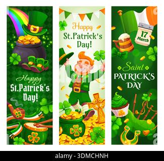 Joyeuses bannières verticales pour les fêtes de la Saint Patrick. Carte de voeux ou flyers de vecteur de fête irlandaise. Bannières de la Saint Patrick avec leprechaun mignon, pièces d'or en pot, instruments de musique et trèfle Illustration de Vecteur