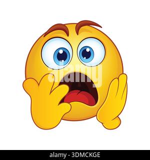 Visage d'Emoji choqué avec les mains sur les joues, expression criante de la peur et de la surprise dans le style de dessin animé 3D. Illustration de Vecteur