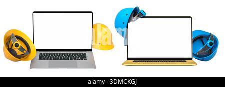 Ordinateurs portables avec des écrans vierges entourés de casques de construction, isolés sur fond blanc avec chemin de clipping, symbolisant la sécurité au travail Banque D'Images
