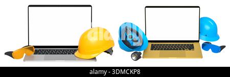 Ordinateurs portables avec des écrans vierges entourés de casques de construction, respirateurs et protections auditives isolés sur fond blanc avec chemin de clipping, symbolisant w Banque D'Images