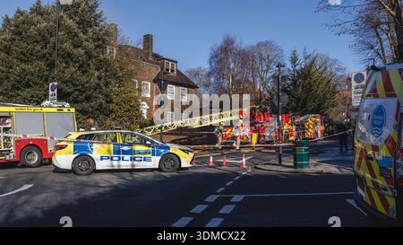 Services d'urgence sur la scène d'un incendie d'une maison résidentielle à Londres. Banque D'Images