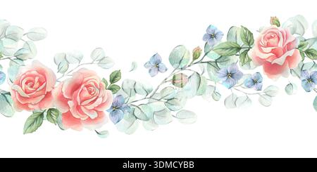 Guirlande florale de branches d'eucalyptus avec des roses et des oubliettes dans des tons pastel doux. Illustration aquarelle peinte à la main. Une vague transparente Banque D'Images
