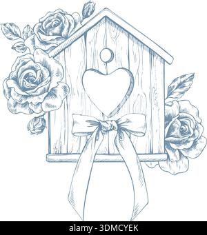 Un nichoir en bois doux avec un coeur, décoré de roses et d'un arc en satin. Illustration graphique à l'encre dessinée à la main, monochrome, style dessin au trait. An Illustration de Vecteur