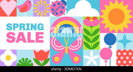 Bannière, circulaire, affiche pour les soldes de printemps. Fond géométrique avec des fleurs colorées de fleur de printemps, soleil, feuilles, papillon. Bloc de couleurs des fêtes saisonnières fla Illustration de Vecteur