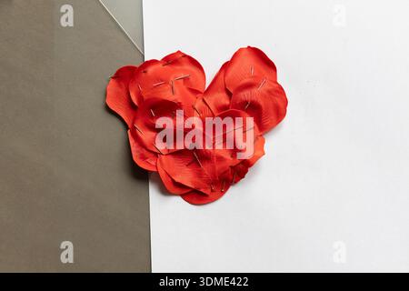 Feuilles de savon rouge fixées avec des épingles pour former une forme de coeur comme une photo symbolique sur le thème de la douleur, la séparation, le divorce, la maladie, Banque D'Images