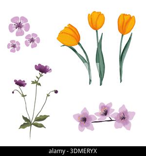 Ensemble d'illustration d'aquarelle dessinée à la main de fleurs de printemps et d'été. Éléments floraux délicats et vibrants peints dans un style aquarelle douce et lumineuse Banque D'Images