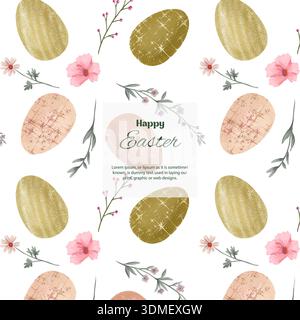 Motif de Pâques sans couture dessiné à la main avec des décorations de vacances festives dans des tons lumineux et colorés. Illustration aquarelle Banque D'Images