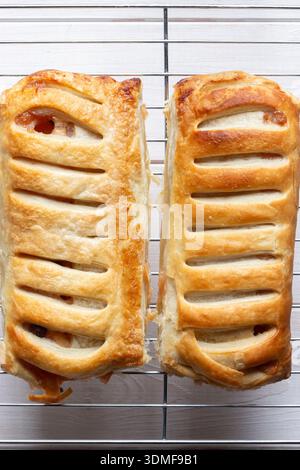 Strudels de pommes faits maison avec refroidissement de pâte à treillis sur un fond de grille de refroidissement de fil d'acier inoxydable. Banque D'Images