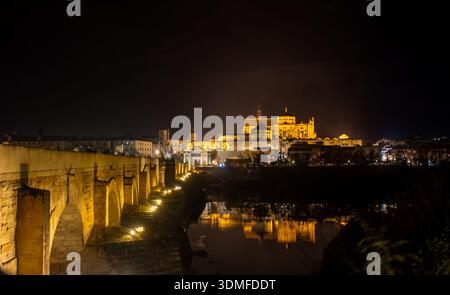 Puente romano de Córdoba y Mezquita al fondo, iluminados por la noche y sus reflejos en el Río Guadalquivir. Espagne Banque D'Images