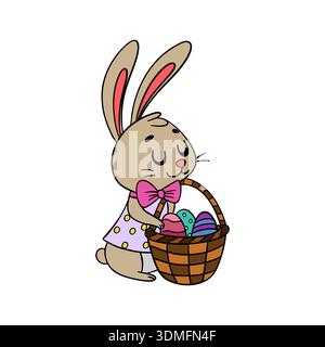 Jolie illustration dessinée à la main de lapin doux assis dans un nid rempli d'œufs de Pâques colorés Banque D'Images