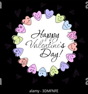 Bonne Saint Valentin cadre rond. Groovy caractère charmants coeurs. Concept d'amour. Dessiné à la main. Pas ai, illustration vectorielle. Illustration de Vecteur