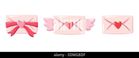 Ensemble enveloppe Saint-Valentin avec coeurs, noeud et ailes. Symboles d'amour romantiques. Illustration de dessin animé isolé de vecteur sur fond blanc Illustration de Vecteur