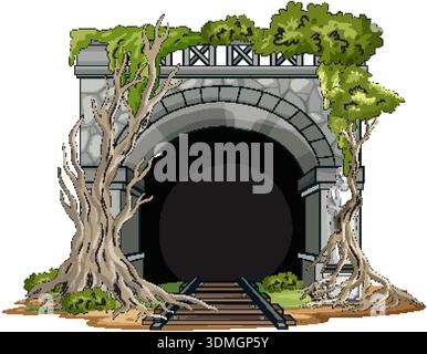 Illustration vectorielle du tunnel ferroviaire en pierre déserte avec des arbres envahis, un intérieur sombre et des voies Illustration de Vecteur