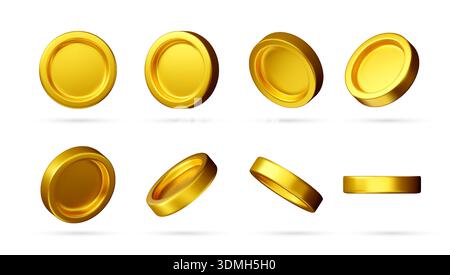 Ensemble de pièces d'or 3D dans divers angles. Illustration de Vecteur