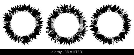 Ensemble de cadres de couronne botanique ronds formés par des feuilles denses et des plantes. Collection de silhouettes noires avec des contours détaillés disposés en circulaire de Illustration de Vecteur