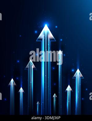 Flèches bleues fluo vibrantes vers le haut sur fond numérique sombre, croissance des entreprises modernes et progrès technologiques futuristes pour les investisseurs corporatifs suc Illustration de Vecteur
