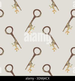 Motif de touches antiques rouillées vintage, croquis dessiné à la main de la clé sur fond clair. Illustration vectorielle Illustration de Vecteur