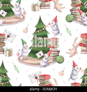 Un motif avec des bonhommes de neige joyeux décorant un arbre de Noël Banque D'Images