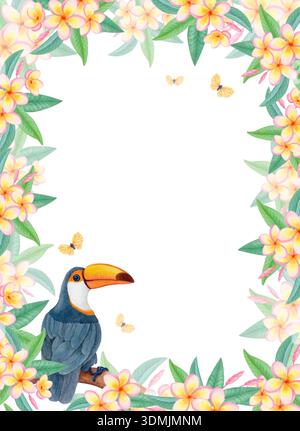 Cadre aquarelle tropical avec toucan, fleurs de plumeria et papillons. Bordure florale avec oiseaux exotiques et fleurs de frangipanier. Banque D'Images