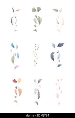 Une collection de neuf branches de feuilles d'aquarelle peintes à la main affichées sur un fond blanc brillant. Chaque élément botanique délicat présente des couleurs douces et naturelles parfaites pour les invitations ou les décorations. Illustration de Vecteur