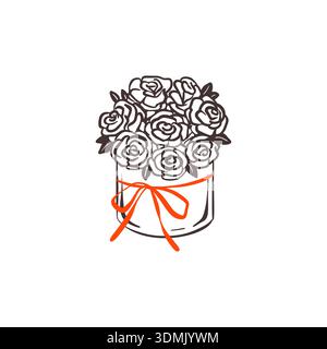 Croquis de crayon dessiné à la main doodle bouquet de fleurs fantaisistes avec joli noeud rose coquette. Boîte cadeau rose, pivoine florale. Saint Valentin, mariage, bacheloret Illustration de Vecteur