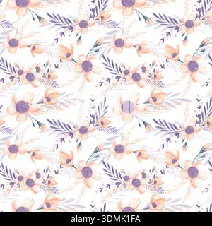 Motif floral sans couture aquarelle avec des feuilles violettes et des fleurs de pêche Banque D'Images