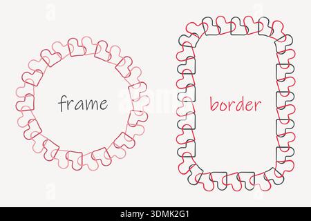 Ensemble de cadre de contour d'ornement de chaîne, bordure de forme de coeur d'amour, formes rectangulaires de cercle géométrique, trait de ligne de pinceau de blob d'encre dessiné à la main, doodle d'esquisse Illustration de Vecteur
