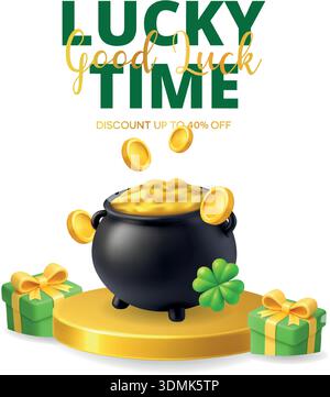 3D : scène de podium Patricks Day avec pot d'or, pièces volantes, Shamrock, et boîtes-cadeaux sur fond blanc Illustration de Vecteur