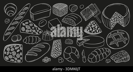 Ensemble de croquis de pain et de fromage dessinés à la main Illustration de Vecteur