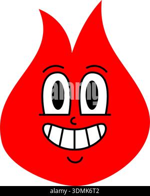 Large caractère de flamme rouge souriant avec de grandes dents blanches. Mascotte de feu de dessin animé pour des illustrations ludiques et amusantes. Illustration de Vecteur