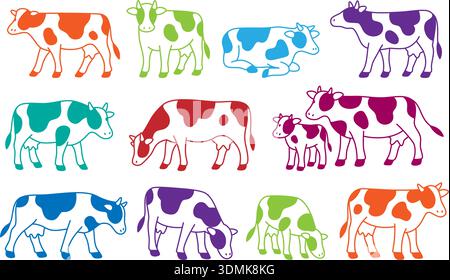 Ensemble d'illustrations colorées de vache. Animaux laitiers en couleurs pour une image de marque amusante, des produits pour enfants et des emballages sur le thème de la ferme Illustration de Vecteur