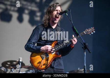 Opeth (Mikael Akerfeldt, voix et guitare), en concert au Masters of Rock Festival. Buenos Aires, Argentine Banque D'Images