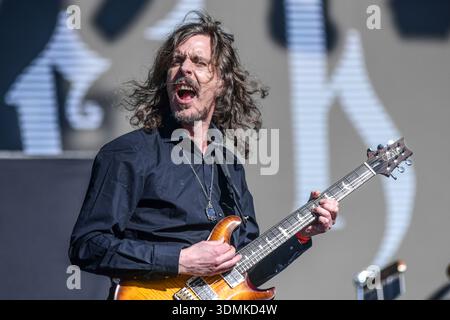 Opeth (Mikael Akerfeldt, voix et guitare), en concert au Masters of Rock Festival. Buenos Aires, Argentine Banque D'Images