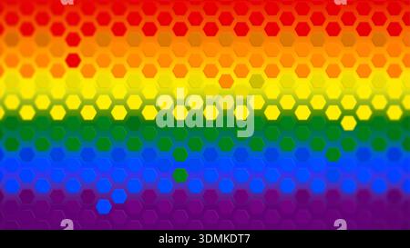 Motif hexagonal vibrant dans des couleurs arc-en-ciel sur fond coloré arc-en-ciel. Concept de drapeau gay Pride & mouvement LGBT. Fond abstrait en résolution 4K. Banque D'Images