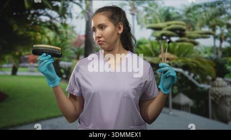 Femme dentiste dans les gommages tient le guide de teinte dentaire et les miroirs buccaux dans les mains gantées dans la forêt ; évaluation des préoccupations. Banque D'Images