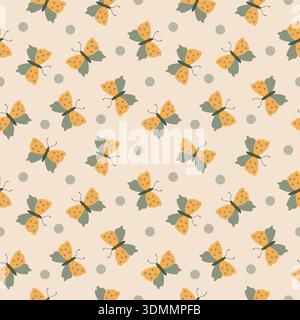 Modèle sans couture avec de mignons papillons jaunes et des points verts sur fond clair. Style plat. Idéal pour les textiles enfants, décoration de pépinière, papiers peints, papier d'emballage, papeterie, tirages. Illustration vectorielle Illustration de Vecteur