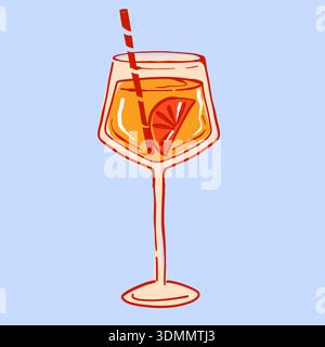Cocktail coloré dans un grand verre avec une paille et une tranche d'orange sur un fond bleu clair Illustration de Vecteur
