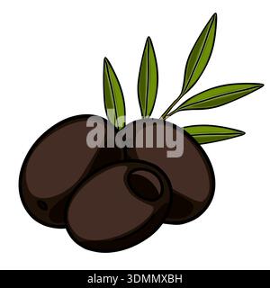Illustration vectorielle d'olives noires mûres avec des feuilles vertes sur un fond blanc Illustration de Vecteur