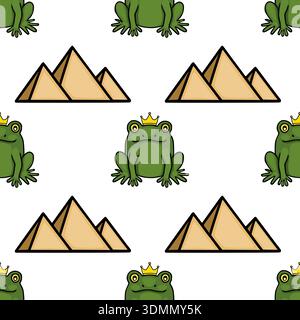 Modèle vectoriel sans couture d'une grenouille couronnée avec des pyramides, illustration fantaisiste Illustration de Vecteur
