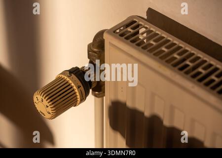 01 décembre 2025, Berlin : un thermostat de radiateur réglé sur le niveau moyen peut être vu en gros plan. Le contrôleur commande la température d'un radiateur et influence ainsi la consommation d'énergie d'un ménage. Photo : Fernando Gutierrez-Juarez/dpa Banque D'Images
